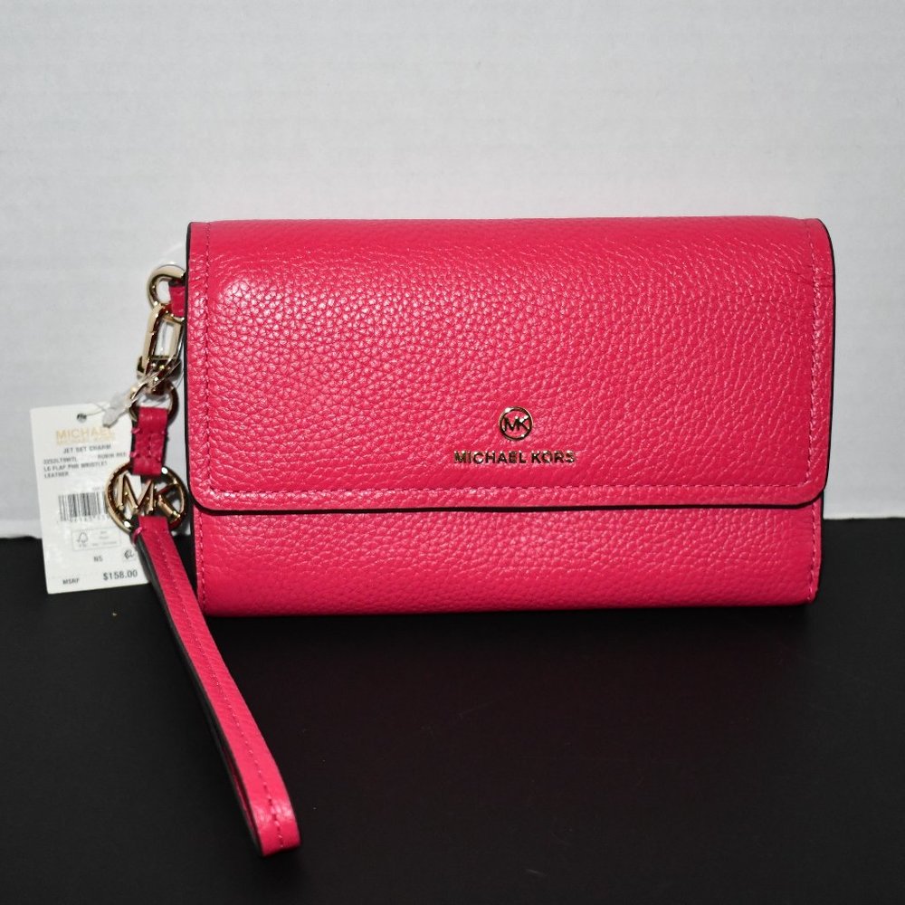 Michael Kors Leather Large Flap Phone Wristlet in Rubin Red #3252LT9W7L  NWT